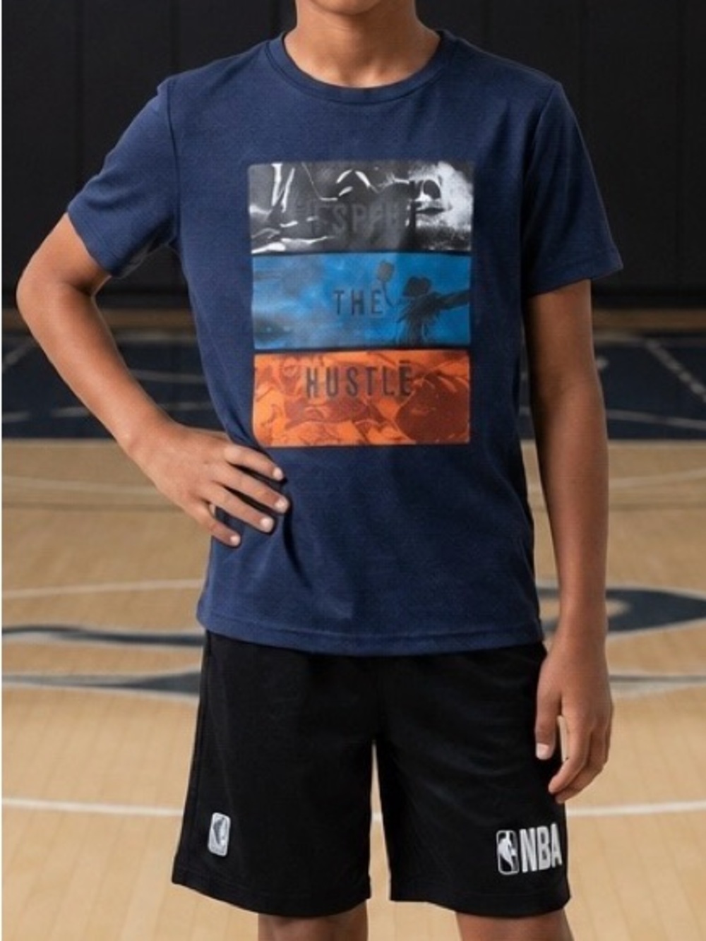 Kids Navy Graphic Basketball Tee and Black NBA Shorts Set